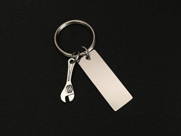 Personalized Key Chain with Wrench Charm • Custom Engraved Stainless Steel Tag Keychain