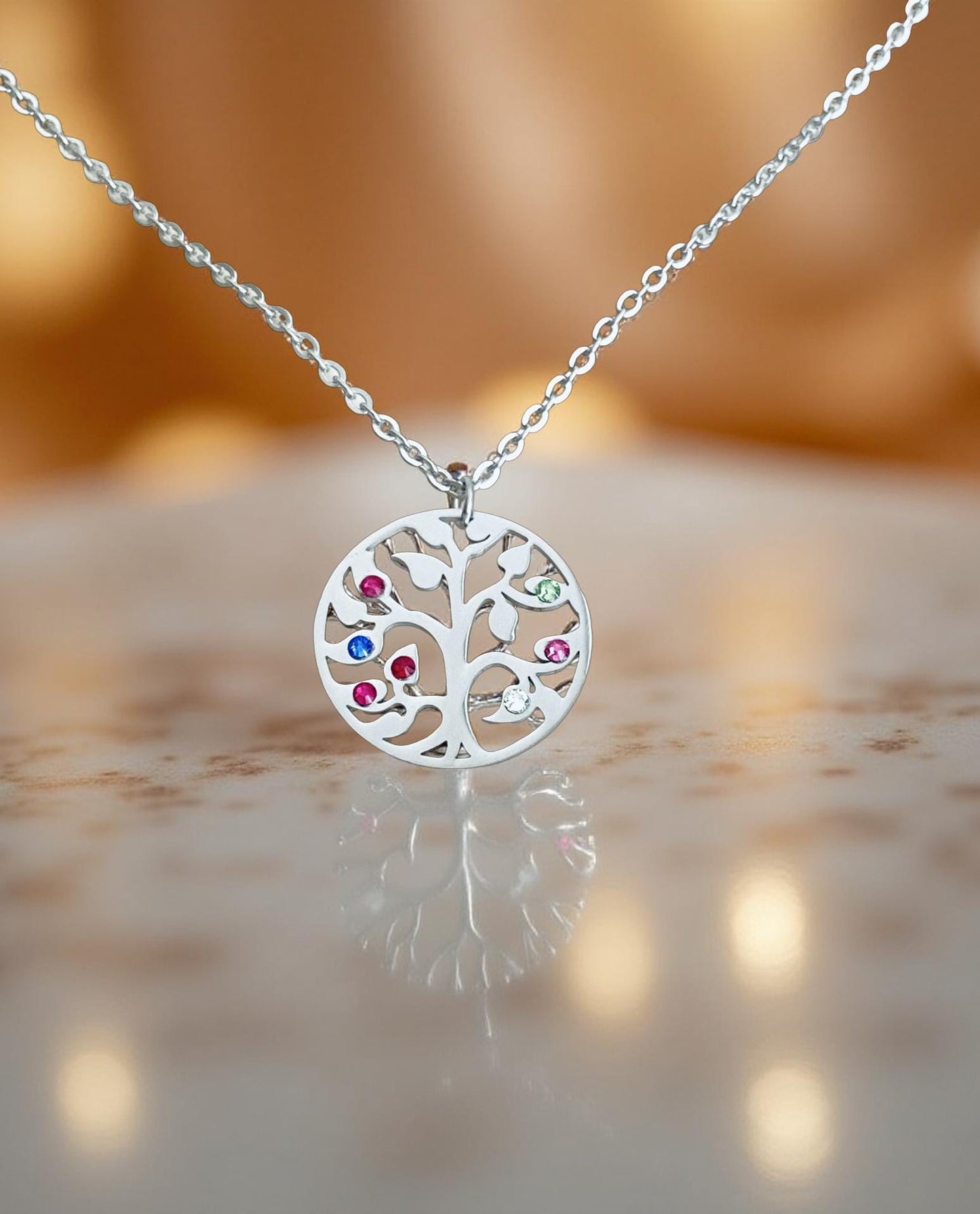 Stainless Steel Birthstone Family Tree Pendant Necklace • Personalized Family Jewelry