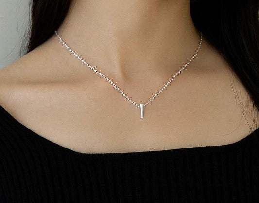 Sterling Silver Tiny Spike Pendant Necklace • 925 Silver Minimalist Dagger Charm Necklace