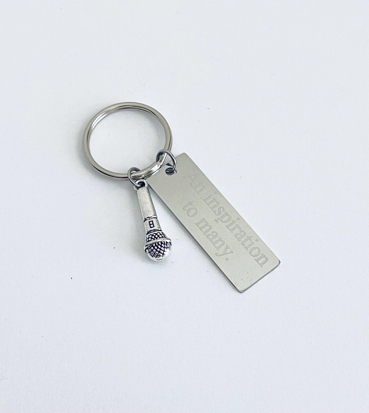 Personalized Key Chain with Microphone Charm • Custom Engraved Stainless Steel Keychain