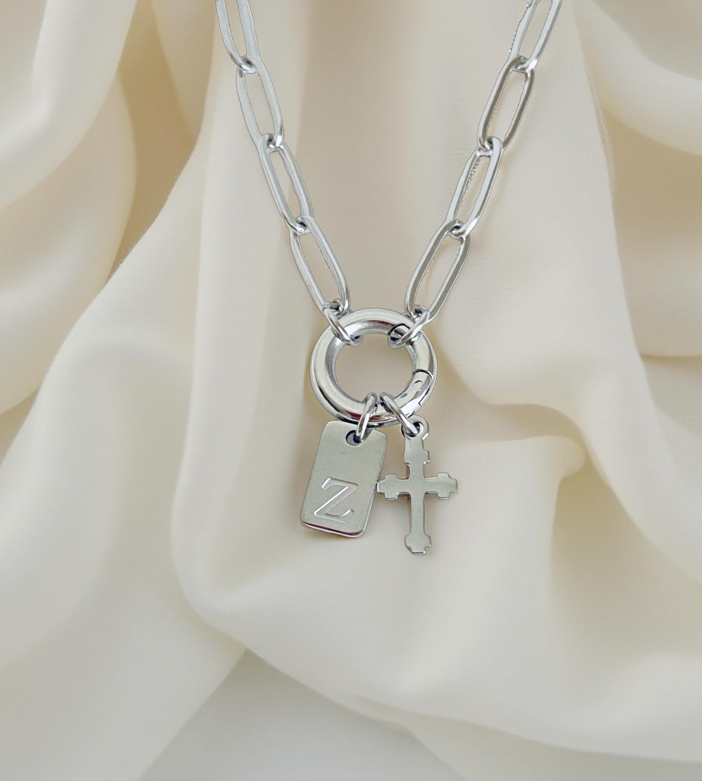 Personalized Paperclip Chain Necklace with Cross & Initial Charm • Stainless Steel or Gold