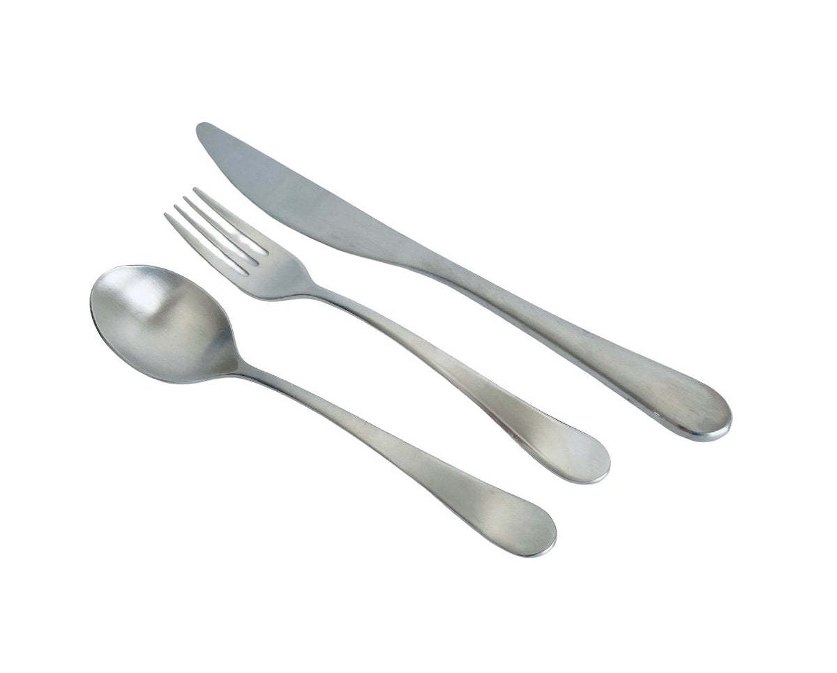 Three-piece stainless steel cutlery set including a knife, fork, and spoon, arranged diagonally on a plain white background.