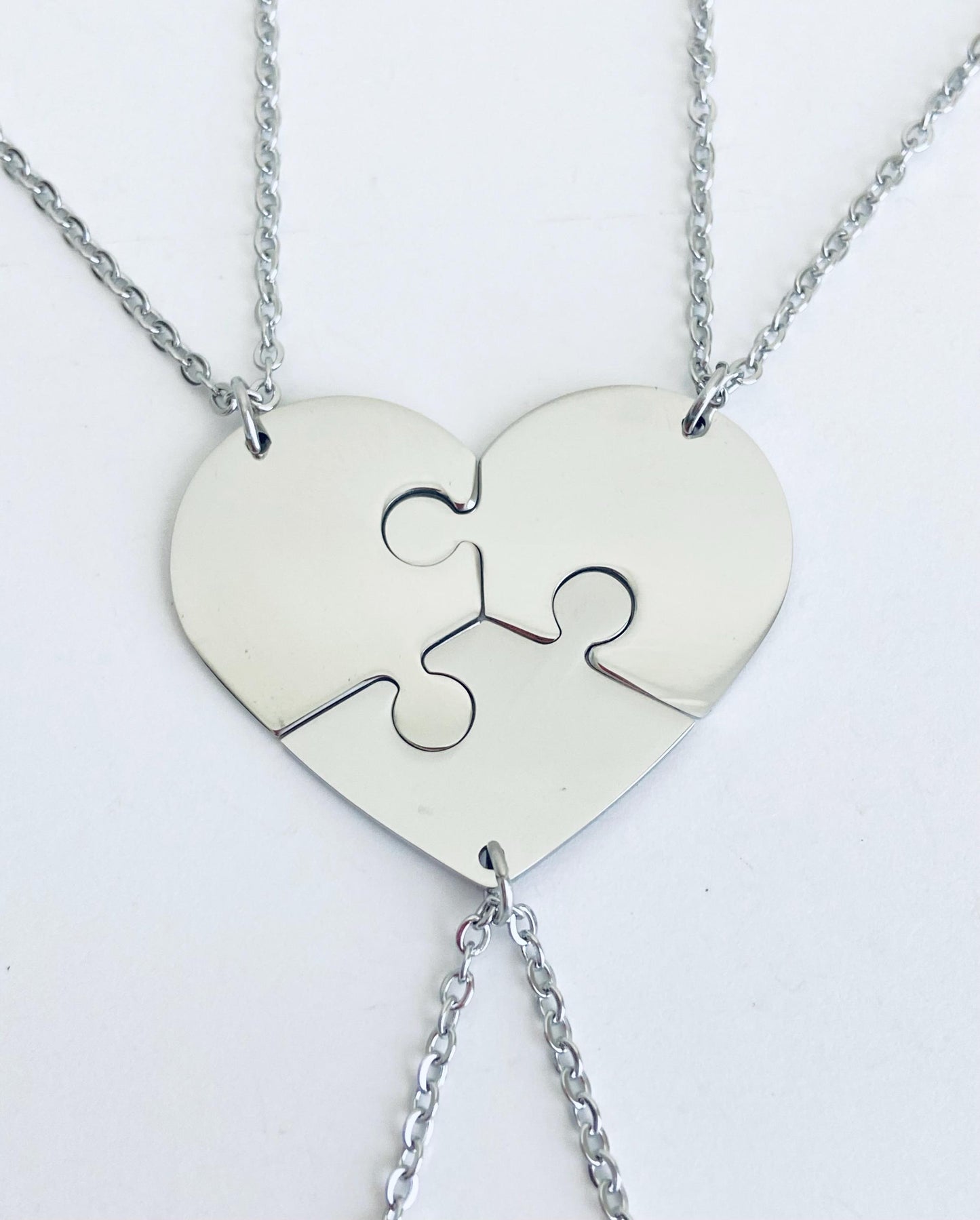 Personalized Stainless Steel 3-Piece Heart Puzzle Necklace Set • Custom Engraved Matching Heart Necklaces