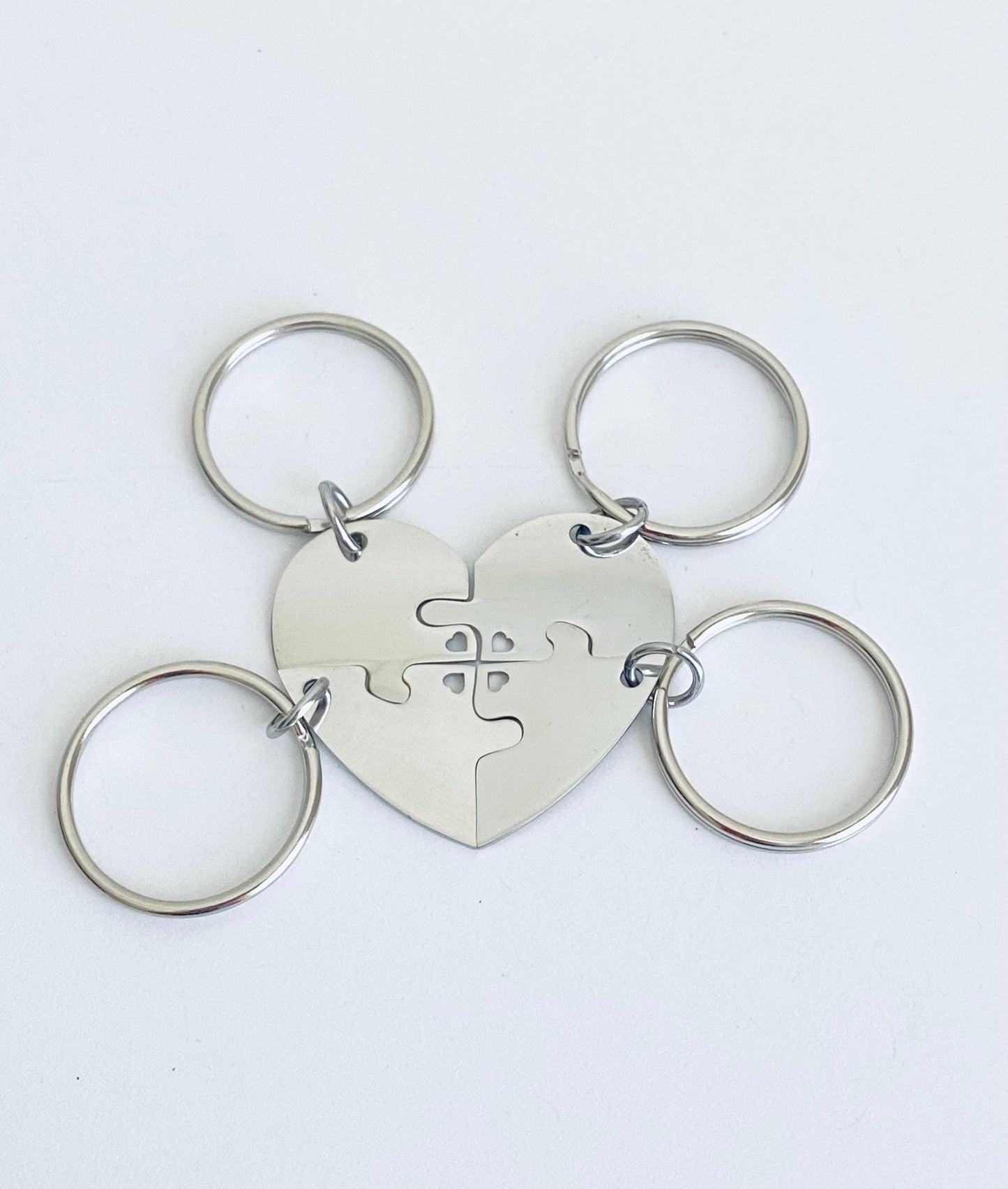 Personalized Stainless Steel 4-Piece Puzzle Key Chain Set with Tiny Heart Cutout • Custom Engraved Matching KeyChains