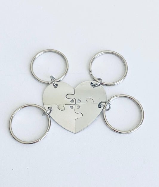 Personalized Stainless Steel 4-Piece Puzzle Key Chain Set with Tiny Heart Cutout • Custom Engraved Matching KeyChains