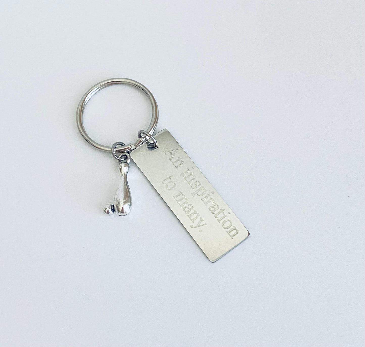 Personalized Key Chain with Bowling Pin Charm • Custom Engraved Bowling Gift