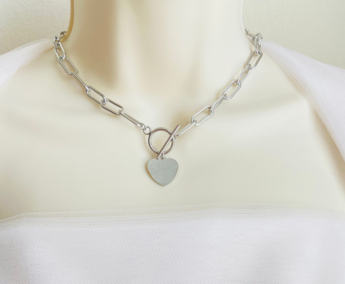 Personalized Chunky Paperclip Chain Necklace with Heart Charm • Custom Engraved Statement Necklace