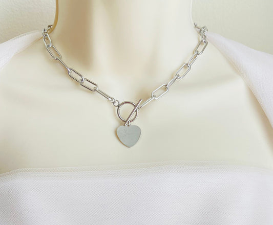 Personalized Chunky Paperclip Chain Necklace with Heart Charm • Custom Engraved Statement Necklace