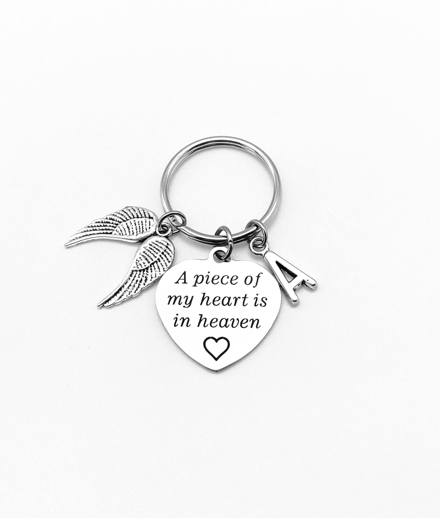 Personalized Memorial Keychain • A Piece of My Heart is in Heaven Key Chain with Initial Charm. Sympathy Gift