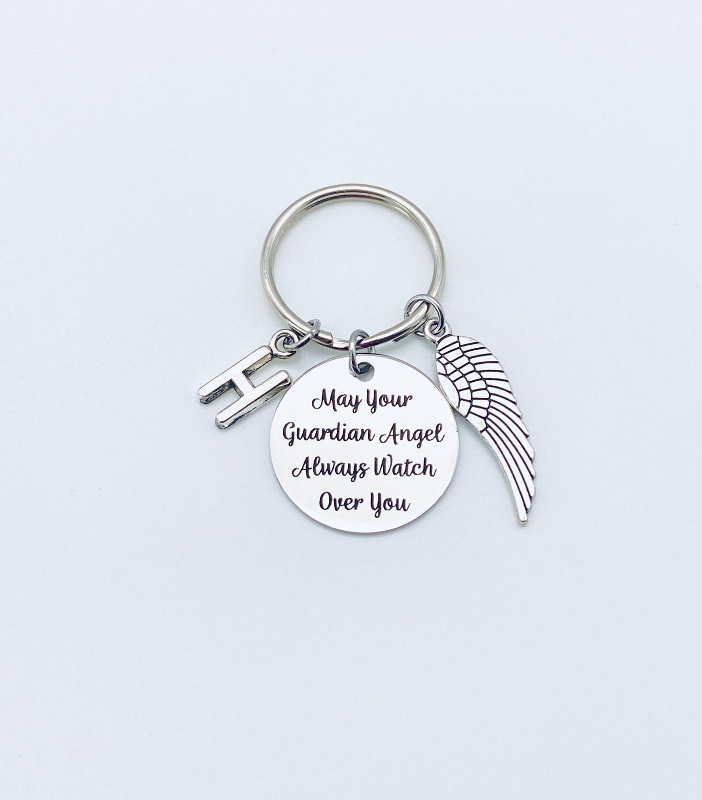 May Your Guardian Angel Always Watch Over You Key Chain with Initial and Angel Wing • Personalized Memorial Angel Keychain