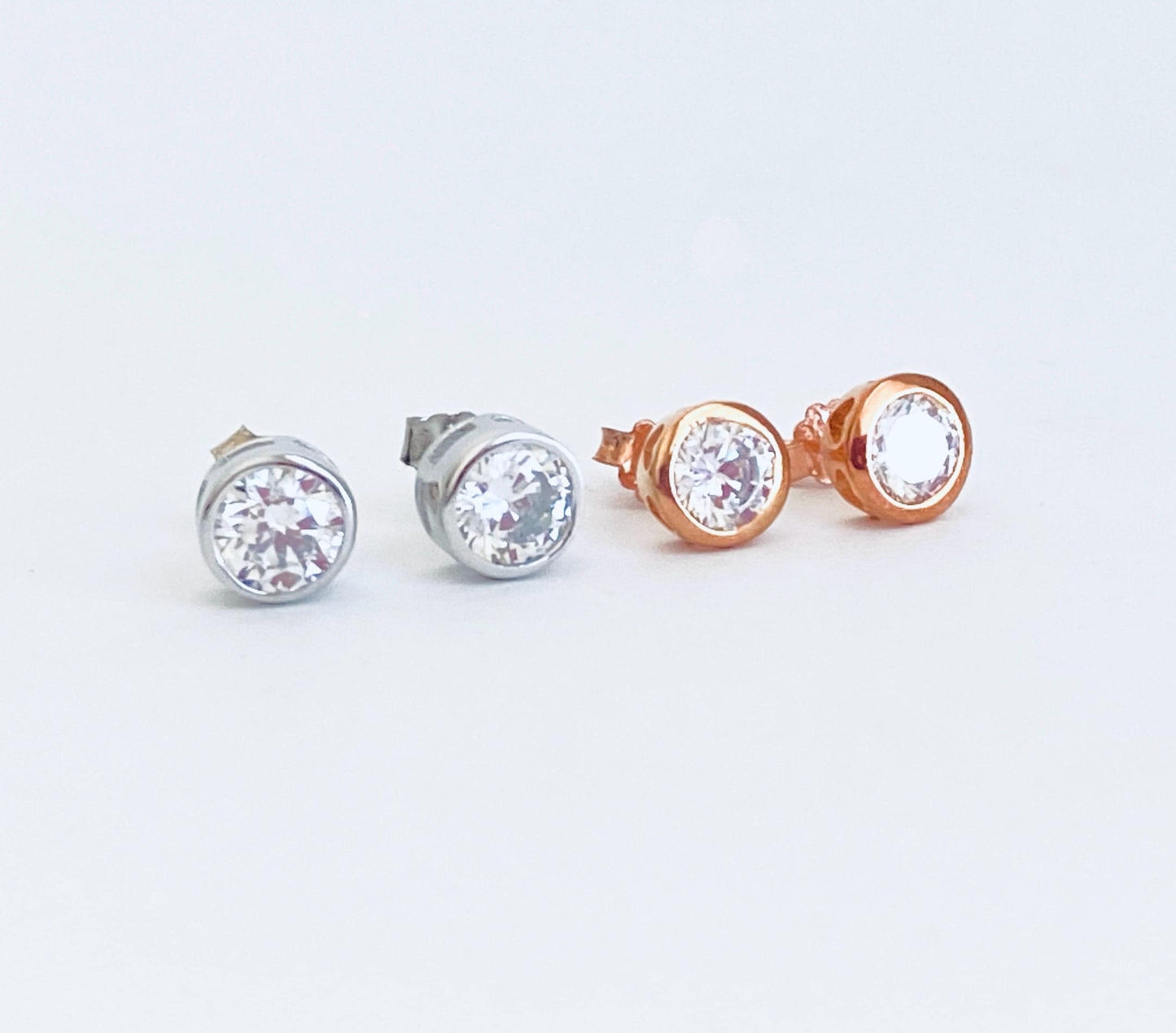 Sterling Silver Solitaire Stud Earrings • 925 Silver or Rose Gold over Sterling Silver