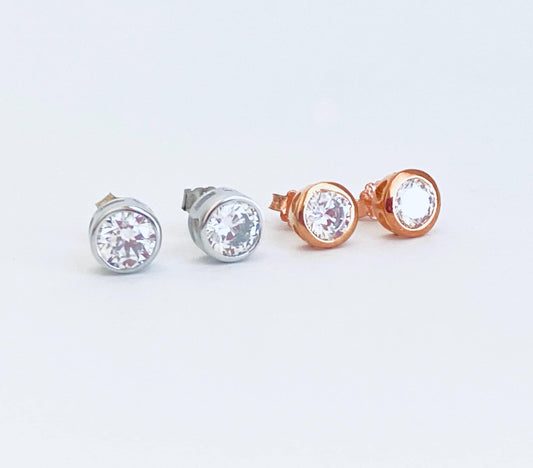Sterling Silver Solitaire Stud Earrings • 925 Silver or Rose Gold over Sterling Silver