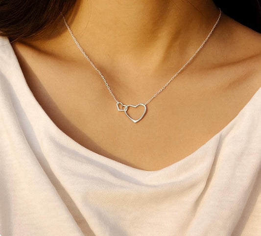 Sterling Silver Interlocking Heart Pendant Necklace • 925 Silver Minimalist Love Necklace