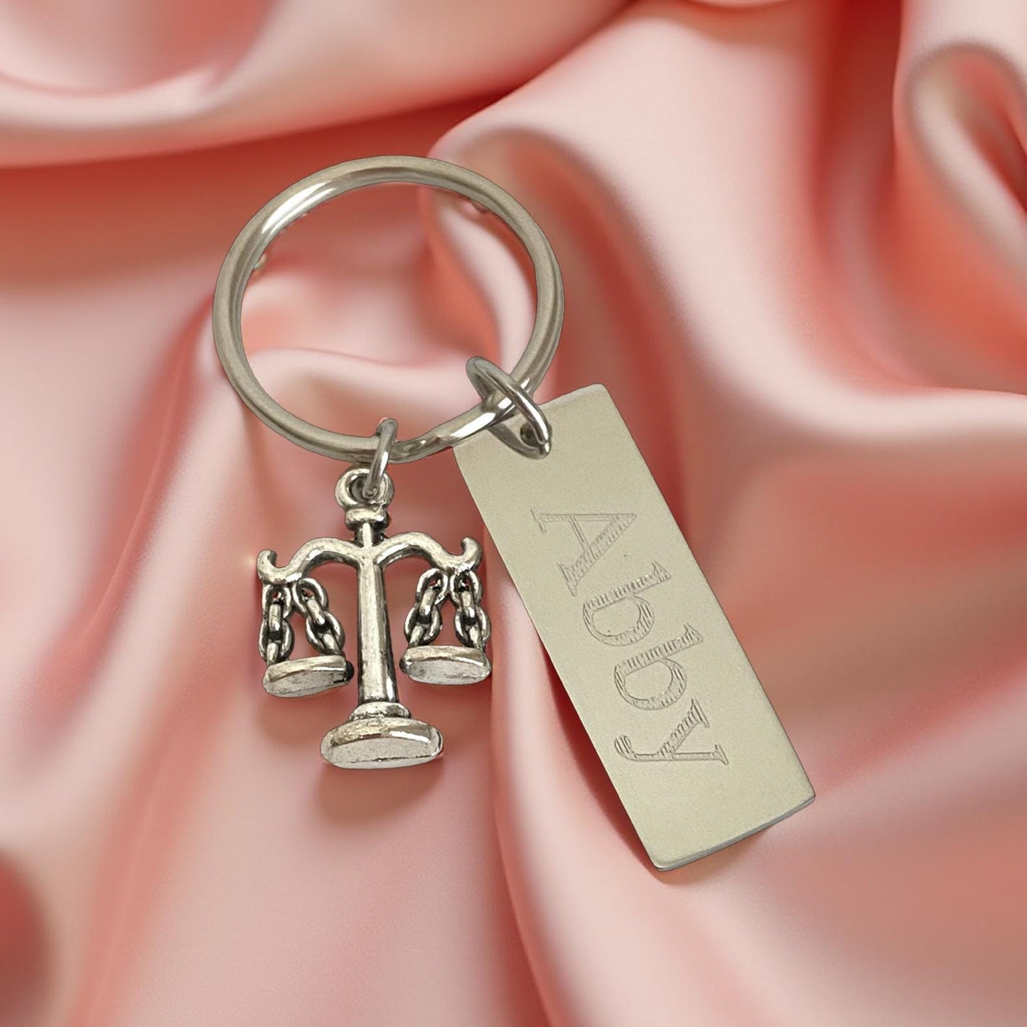 Personalized Stainless Steel Tag with Scale Charm • Custom Engraved Justice Keychain