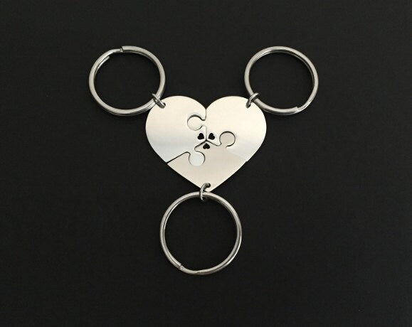 Personalized 3-Piece Heart Puzzle Keychain Set • Custom Engraved Matching Key Chains for Family & Friends