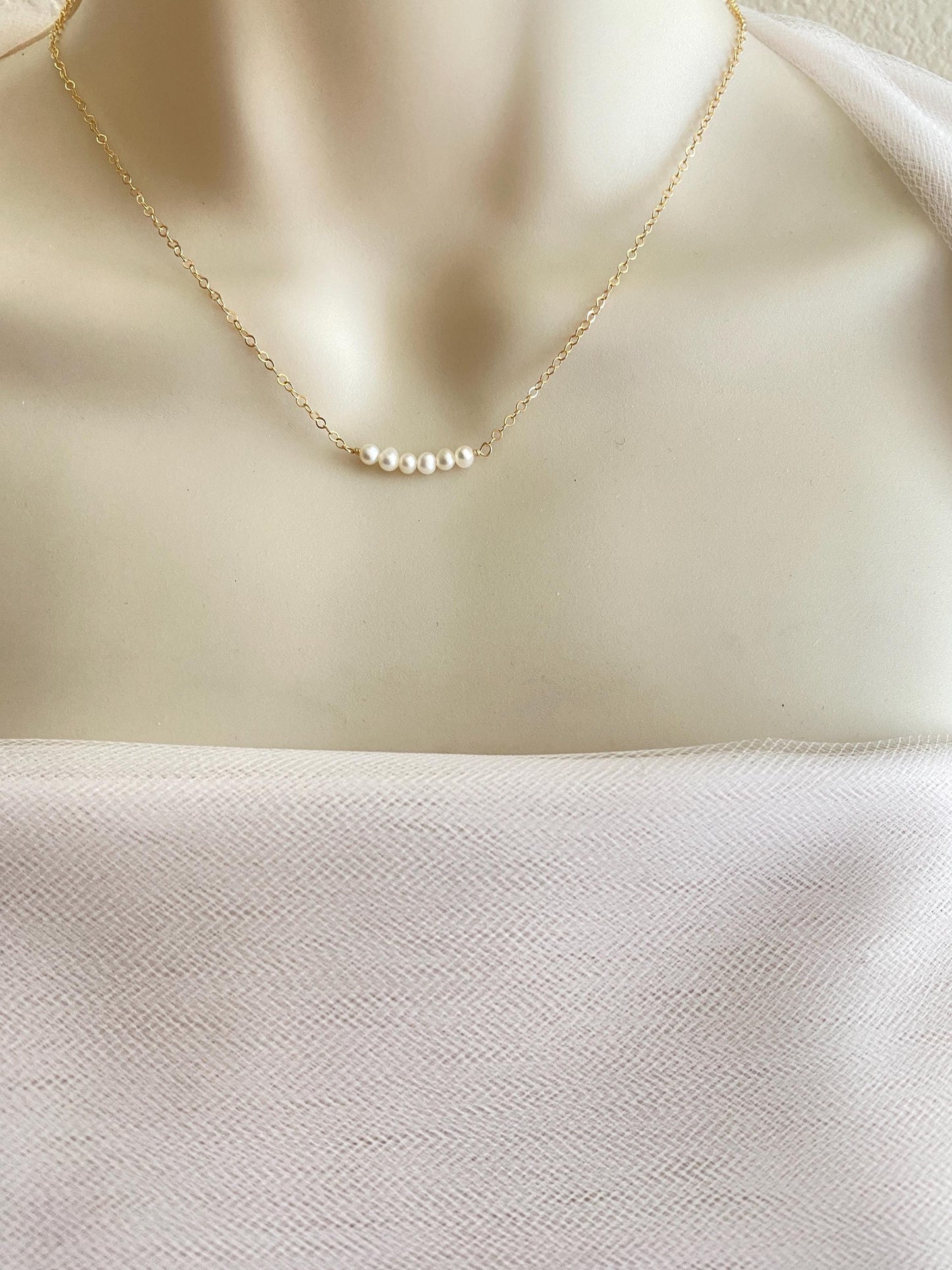 TINY White Pearl Bar Necklace in Sterling Silver. Gold Filled