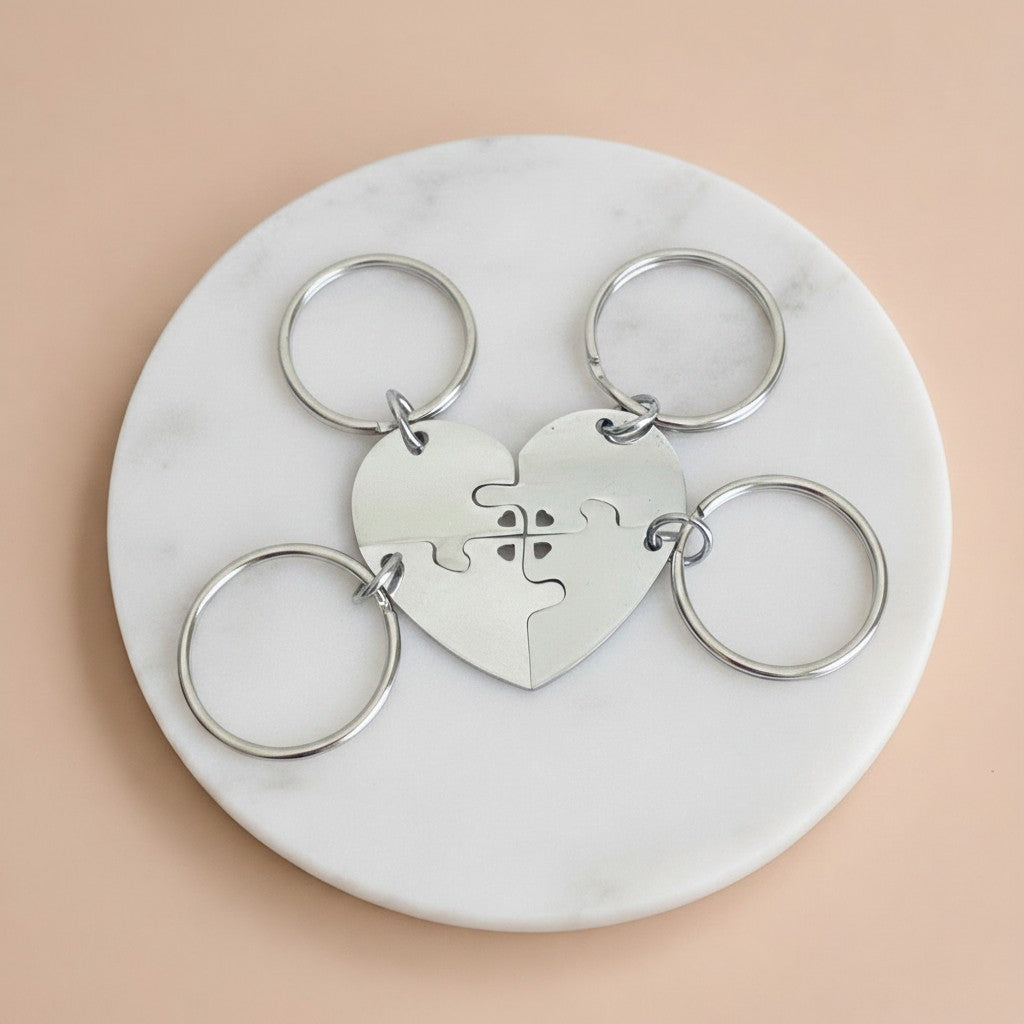Personalized Stainless Steel 4-Piece Puzzle Key Chain Set with Tiny Heart