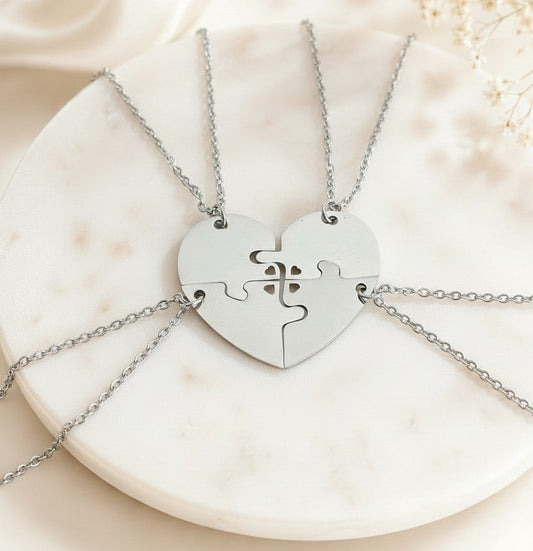 Personalized Stainless Steel 4-Piece Puzzle Heart Necklace Set with Tiny Heart