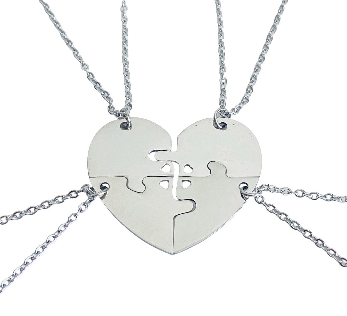 Three matching silver puzzle heart necklaces with interlocking heart pendants and chain straps, shown on a plain white background.