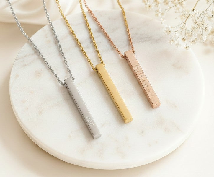 Personalized 4-sided Long Bar Necklace • Stainless Steel, Gold over Stainless Steel, Rose Gold over Stainless Steel