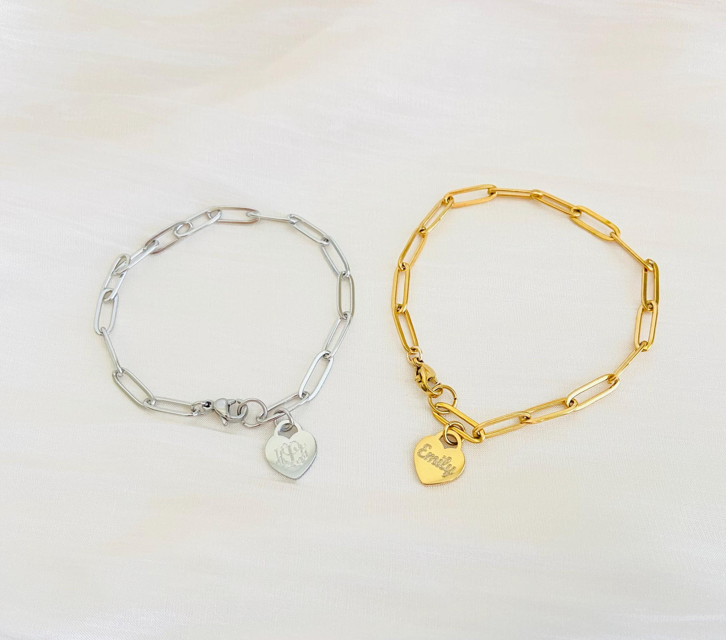 Stainless Steel Paperclip Chain Bracelet with Personalized Heart Charm • Custom Engraved Bracelet in Silver or Gold