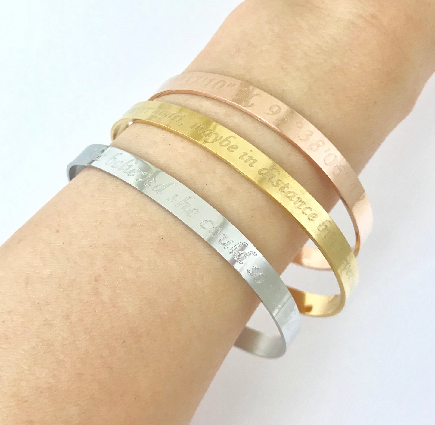 Personalized Stainless Steel Cuff Bangle • Custom Engraved Bracelet in Stainless Steel, Gold or Rose Gold