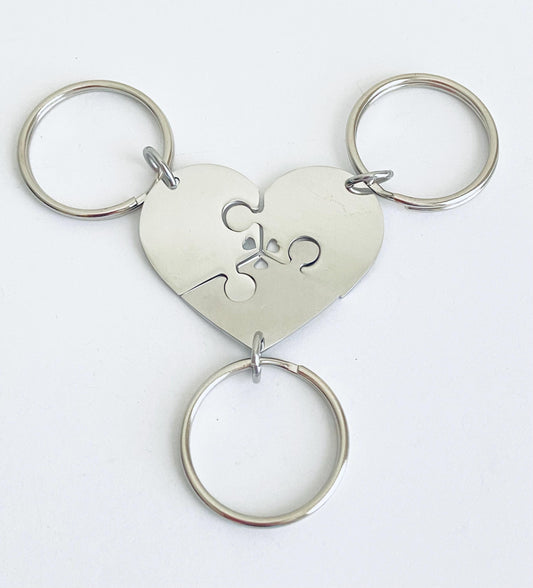 Personalized 3-Piece Heart Puzzle Keychain Set • Custom Engraved Matching Key Chains for Family & Friends