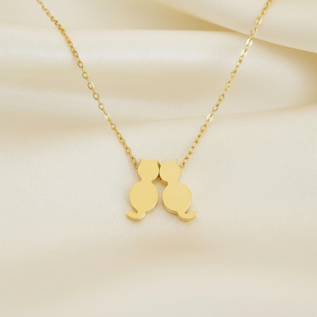Personalized Gold Cat Necklace • Gold Initial Cat Family Pendant • Minimal Cat Lover Jewelry • Custom Pet Mom Gift • Cat Charm Necklace