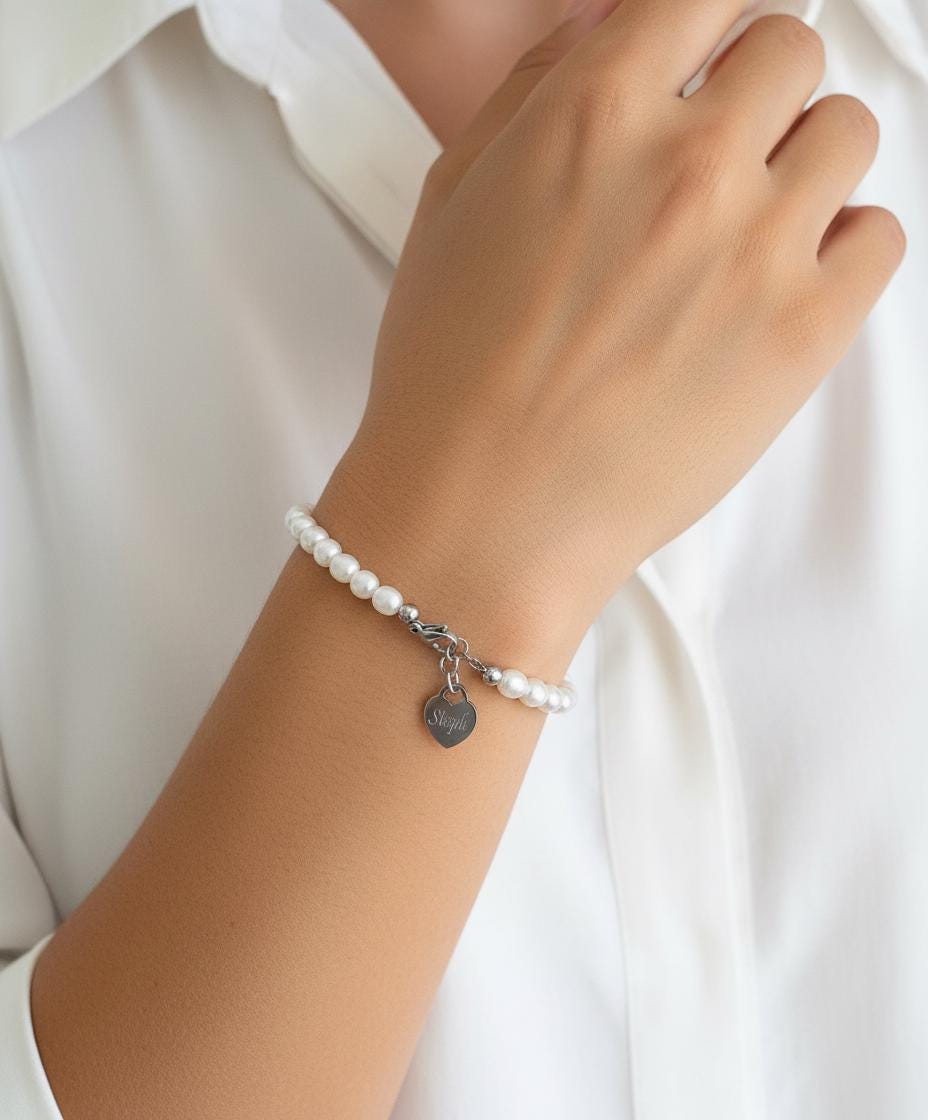 White Freshwater Pearl Bracelet with Personalized Stainless Steel Heart Charm • Custom Pearl Jewelry Gift