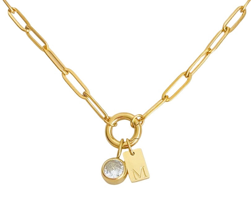 Personalized Paperclip Chain Necklace with Birthstone & Initial • Stainless Steel • Gold over Stainless Steel