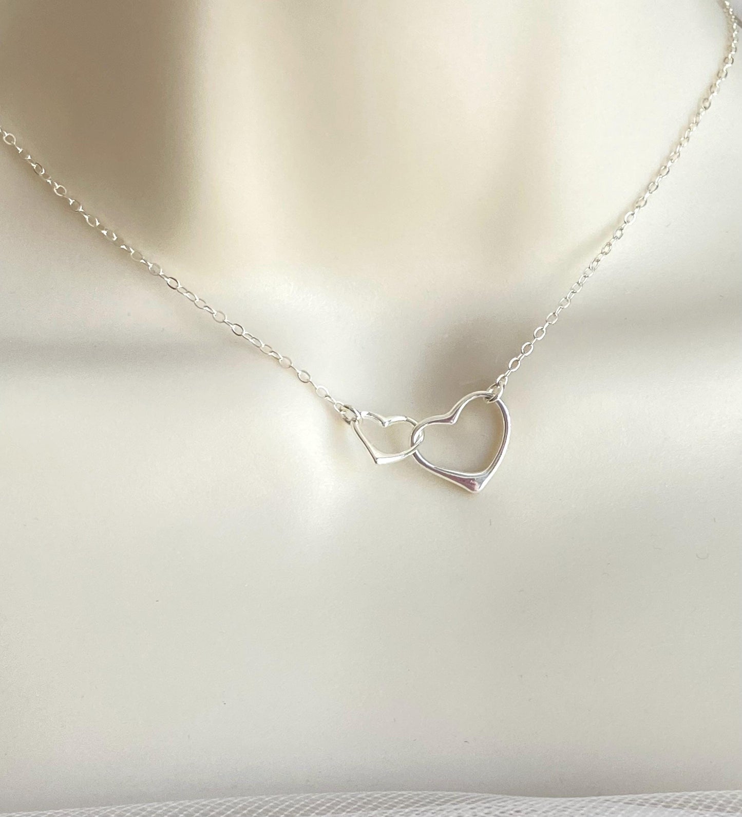 Sterling Silver Interlocking Heart Pendant Necklace • 925 Silver Minimalist Love Necklace