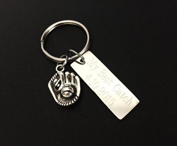 Personalized Key Chain with Baseball Mitten Charm • Custom Engraved Stainless Steel Keychain