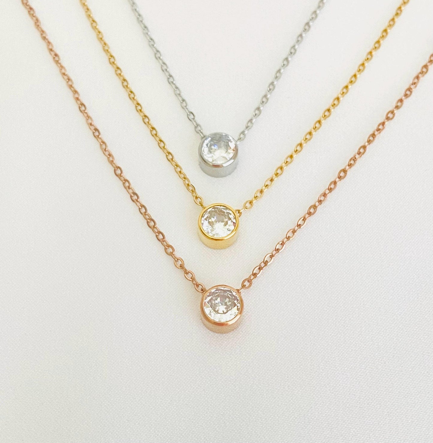 Solitaire Necklace • Stainless Steel, Gold or Rose Gold Minimalist Crystal Necklace