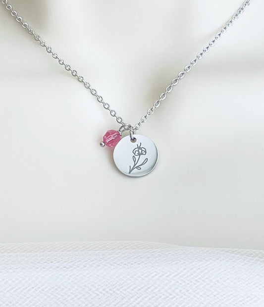 Personalized Flower Necklace with Birthstone • Stainless Steel Birth Flower & Birthstone Necklace