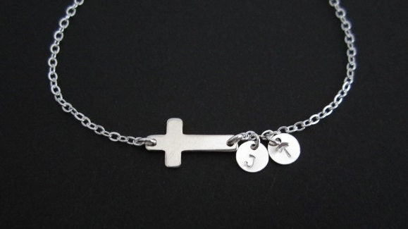 Sterling Silver Cross Bracelet with Two Tiny Initial Charms • Personalized 925 Silver Faith Bracelet