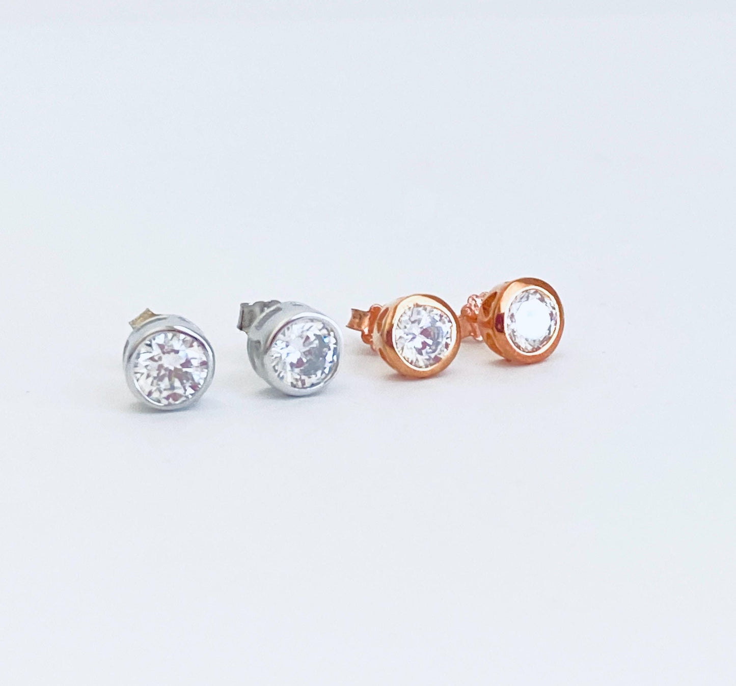 Sterling Silver Solitaire Stud Earrings • 925 Silver or Rose Gold over Sterling Silver