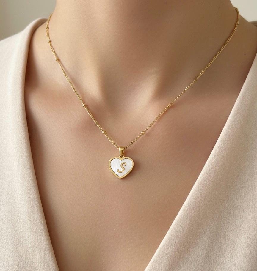 Personalized Gold Shell Heart Initial Necklace • Gold Over Stainless Steel Personalized Pendant