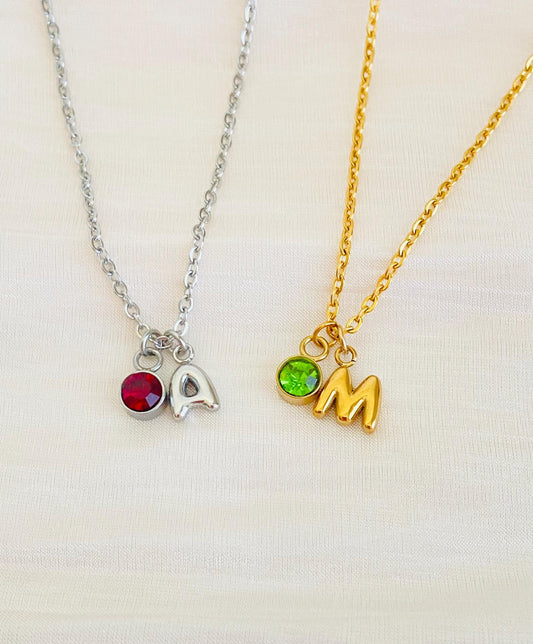 Personalized Birthstone & Small Bubble Initial Necklace • Gift for Her