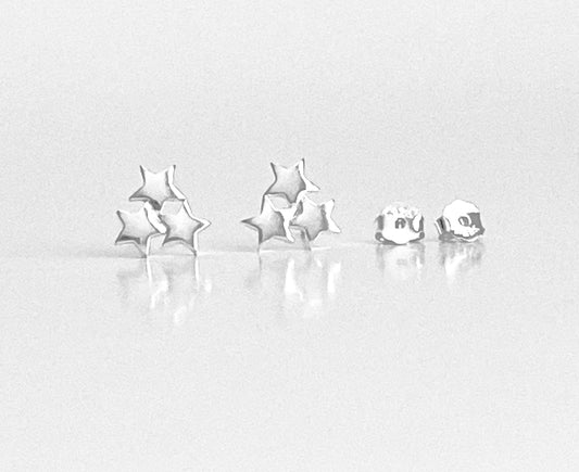 Sterling Silver Three Star Stud Earrings • 925 Triple Star Dainty Studs