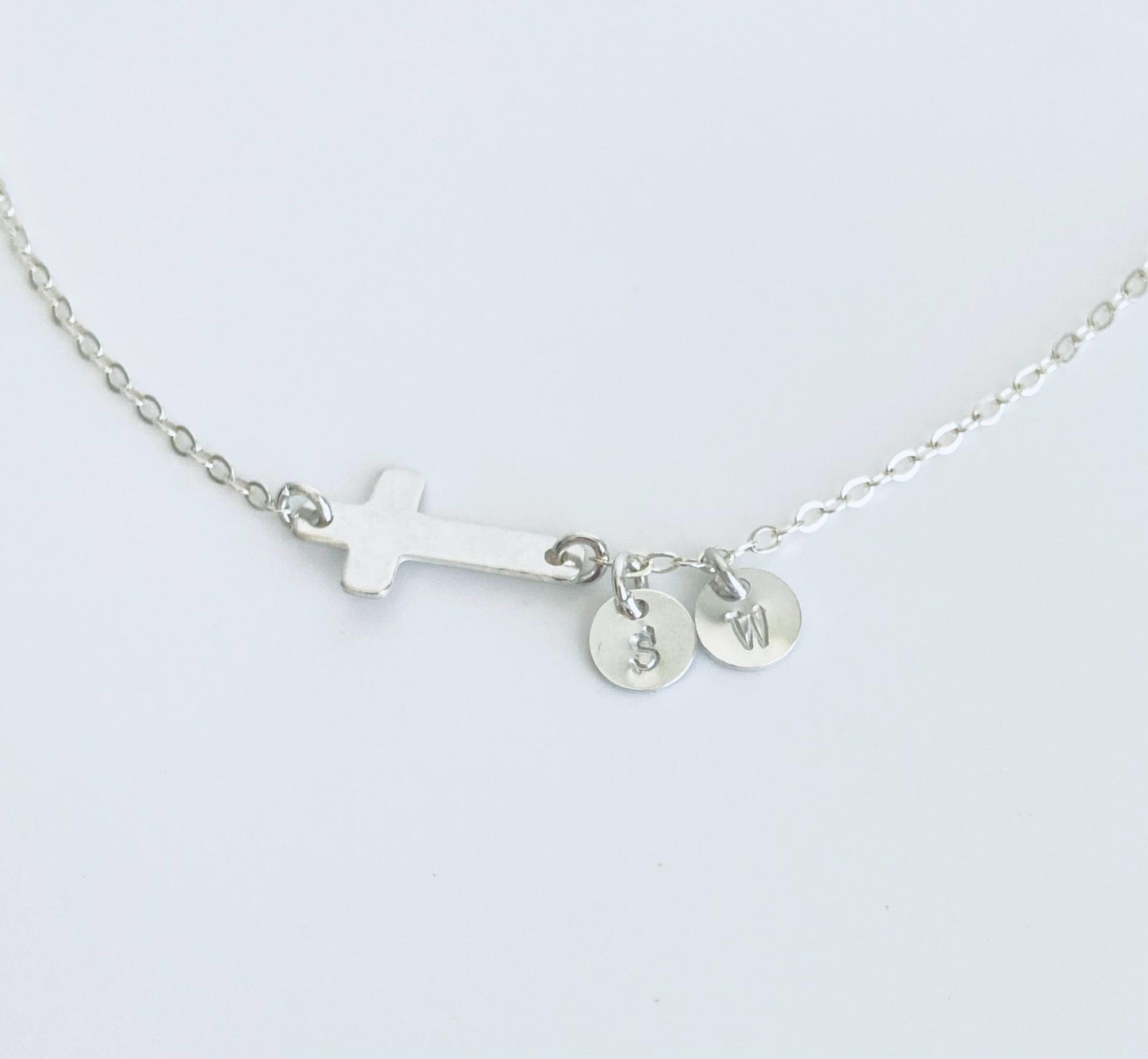 Sterling Silver Cross Bracelet with Two Tiny Initial Charms • Personalized 925 Silver Faith Bracelet