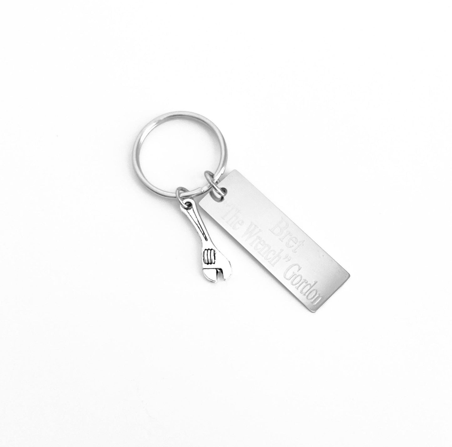 Personalized Key Chain with Wrench Charm • Custom Engraved Stainless Steel Tag Keychain