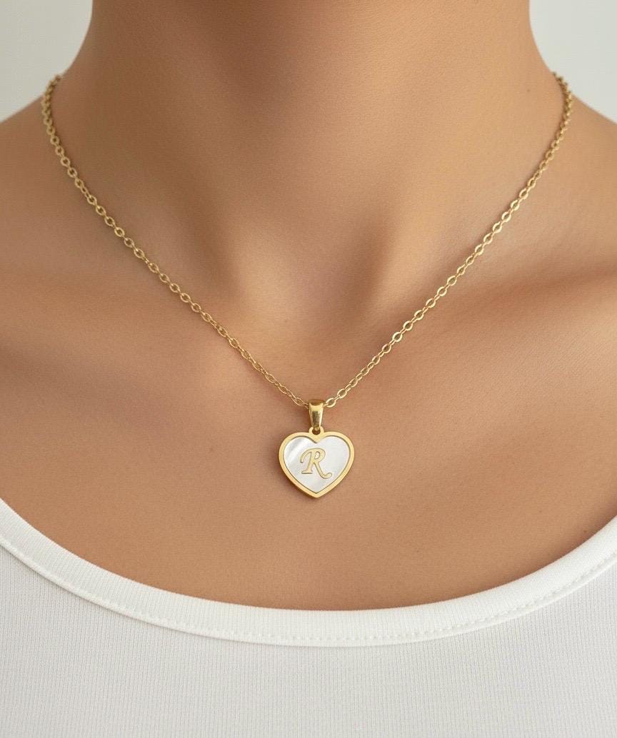 Personalized Gold Shell Heart Initial Necklace • Gold Over Stainless Steel Personalized Pendant
