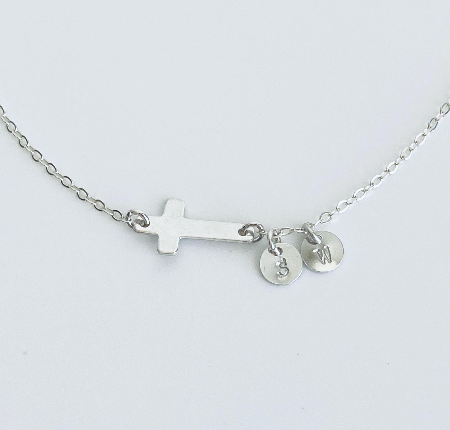 Sterling Silver Cross Bracelet with Two Tiny Initial Charms • Personalized 925 Silver Faith Bracelet