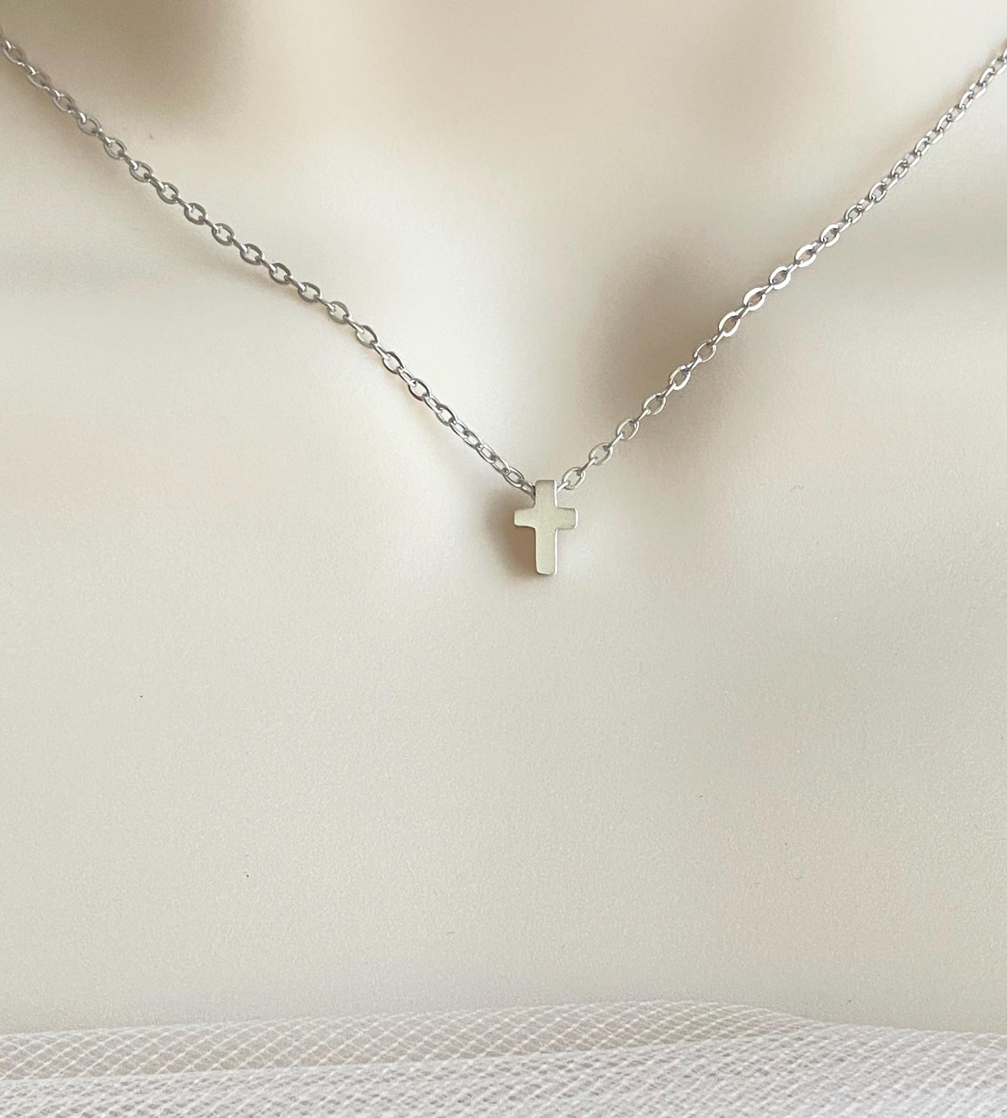 Stainless Steel Tiny Cross Charm Necklace • Minimalist Religious Necklace in Silver or Gold