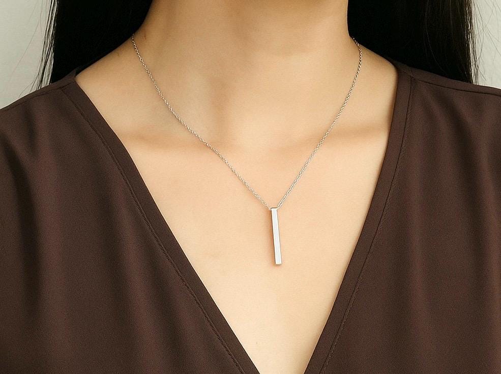 Personalized Long Square Bar Necklace • Stainless Steel, Gold or Rose Gold Custom Engraved Necklace