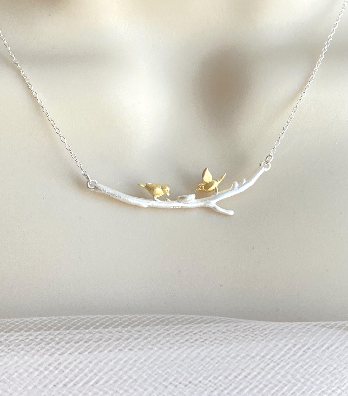 Sterling Silver Necklace with Gold Love Birds on Branch – Two-Tone Romantic Bird Pendant