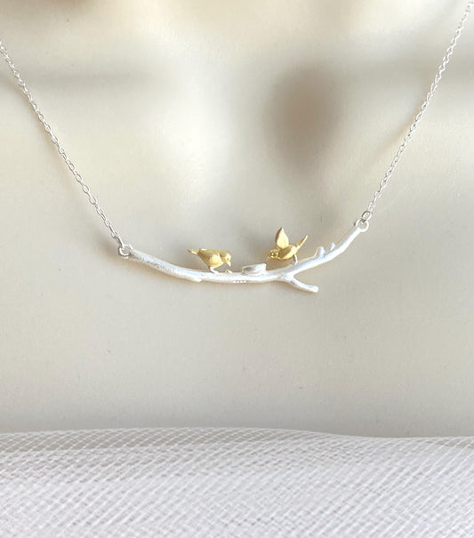 Sterling Silver Necklace with Gold Love Birds on Branch – Two-Tone Romantic Bird Pendant