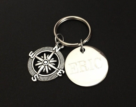 Personalized Compass Keychain • Custom Engraved Compass Key Ring Gift for Him or Her