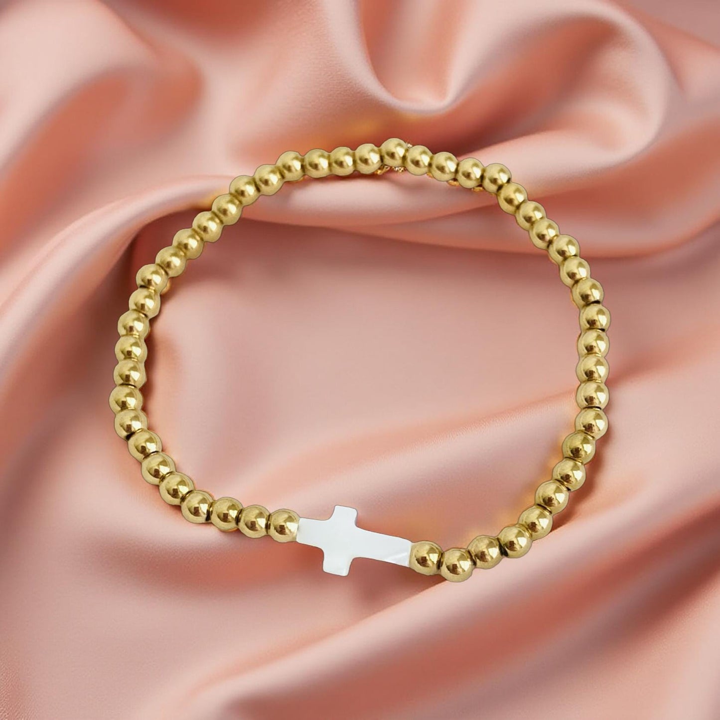 Stainless Steel Beaded Stretch Bracelet with Shell Cross • Christian Faith Jewelry Gift