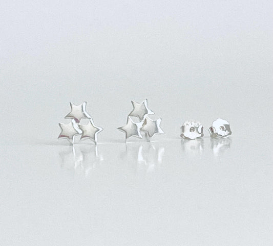 Sterling Silver Three Star Stud Earrings • 925 Triple Star Dainty Studs